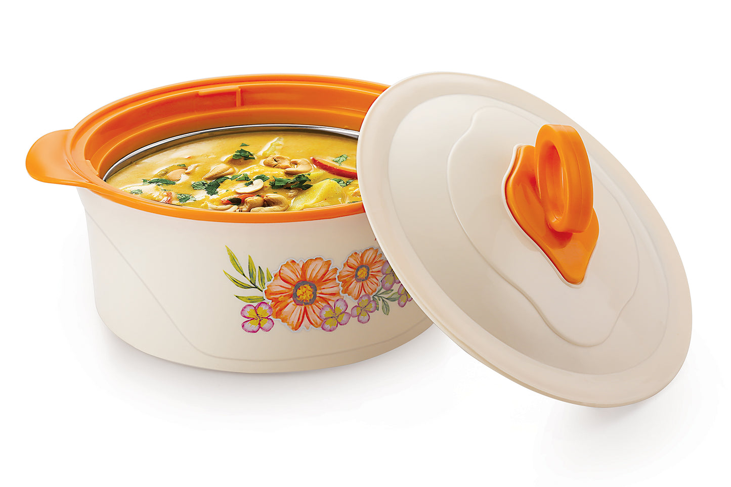 Rolon Seasons 2400 Casserole| Ergonomical design| Food Grade Plastic| Extra Deep Steel inside| 1400 ml| 4 colours - Orange, Oyster brown & Dark Grey