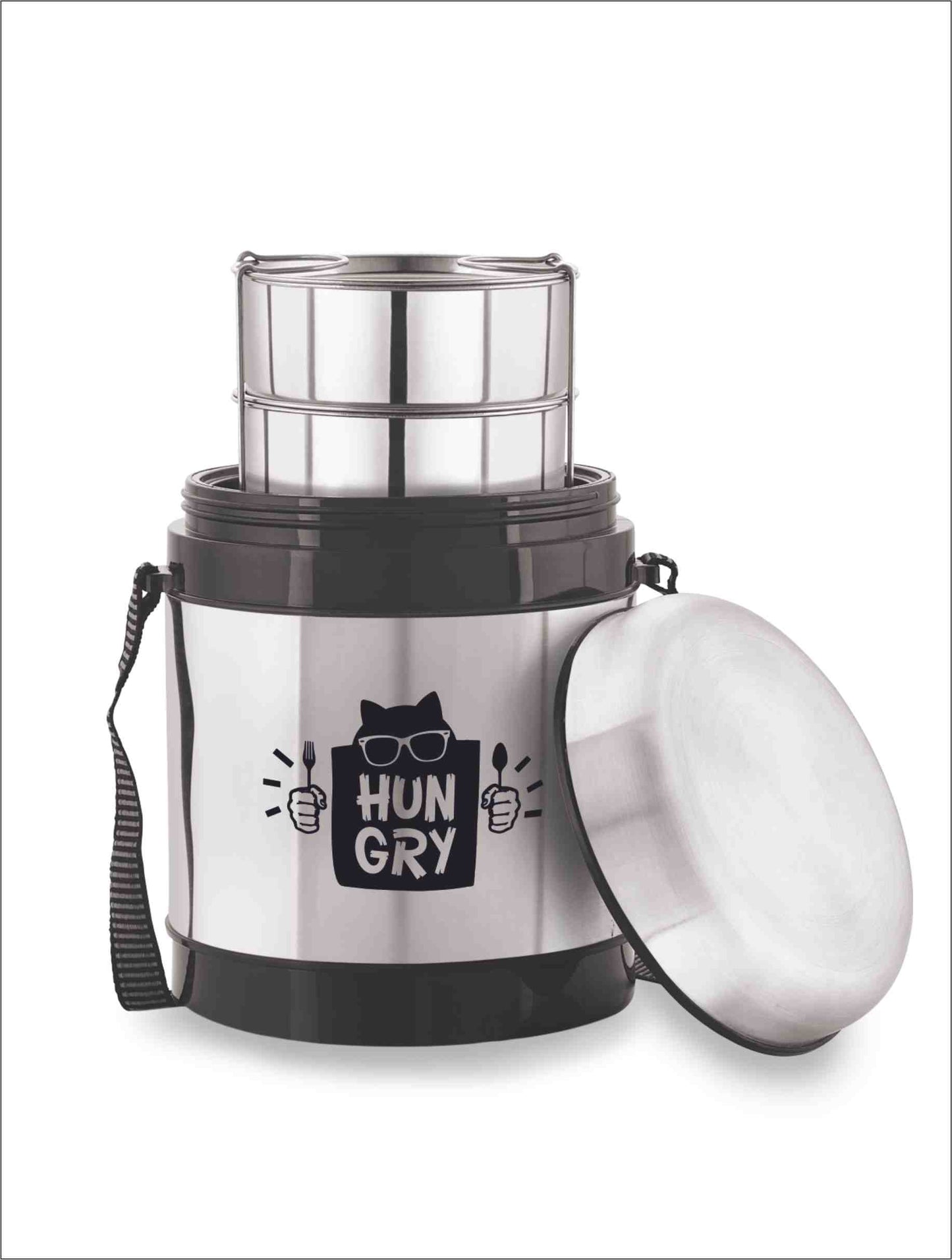 Rolon Max steel-3 Insulated Steel Tiffin| Trendy Design| Mirror Finish Lunch Box| 3 stainless steel bowl & lid| Black in Colour
