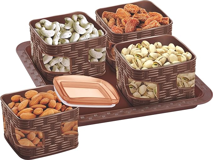 Porpoise 4 Pieces Plastic Dry fruit Jar Set Box with Lid with Serving Tray, Stor