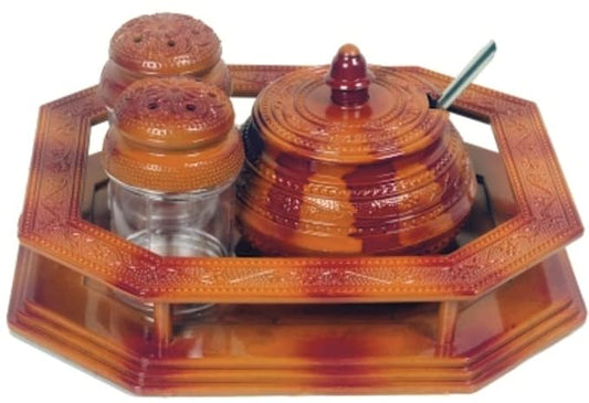 Porpoise Pickle set Salt & Paper Sprinklers Set Accessories for Kitchen Dining Table Set Sprinklers With Stand, Pickle Pot, (Saffron 3)