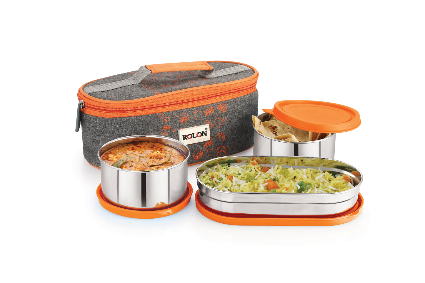 Rolon Lunch Mate Double Decker Big | Lunch Box | 1 Soft lunch pouch and 2 Medium size container and 1 Chapati container | BPA Free | 3 colors - Green, Orange, Blue