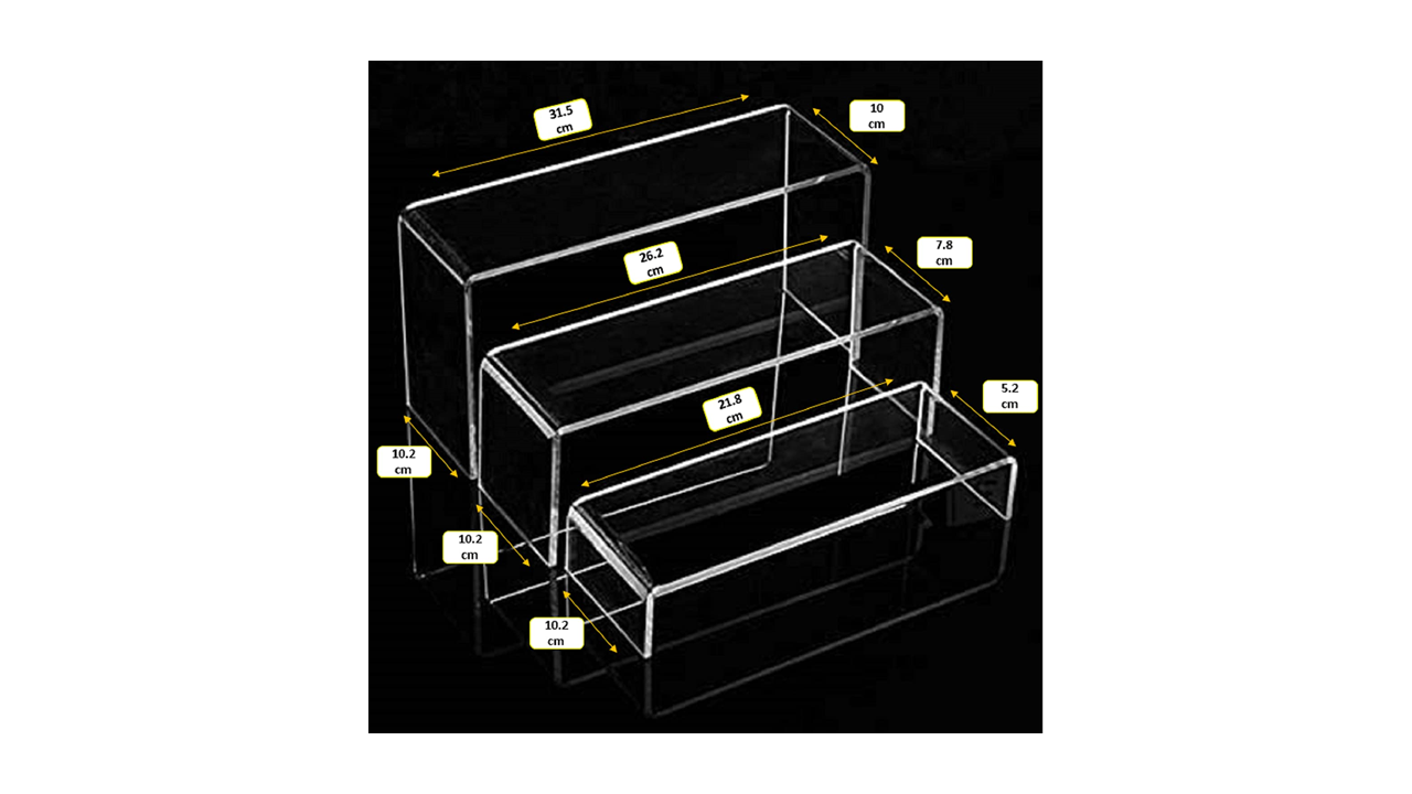 Porpoise Acrylic Display Stand for Shop | Showroom | Shopping Mall | Complex Standard Size 3 Step Acrylic 5mm thickness Display Stand for Shoe, Bags, Nail polish, Cupcake, Toys, Collectible, Luxury Goods