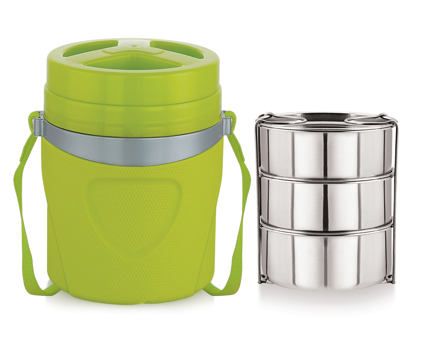 Rolon Fusion-3 Lunch Box, 1 Insulated Tiffin with 3 stainless steel bowl & lid, 3 colours - Green, Blue & Orange & 385 Grams, urdy & Light Plastic body