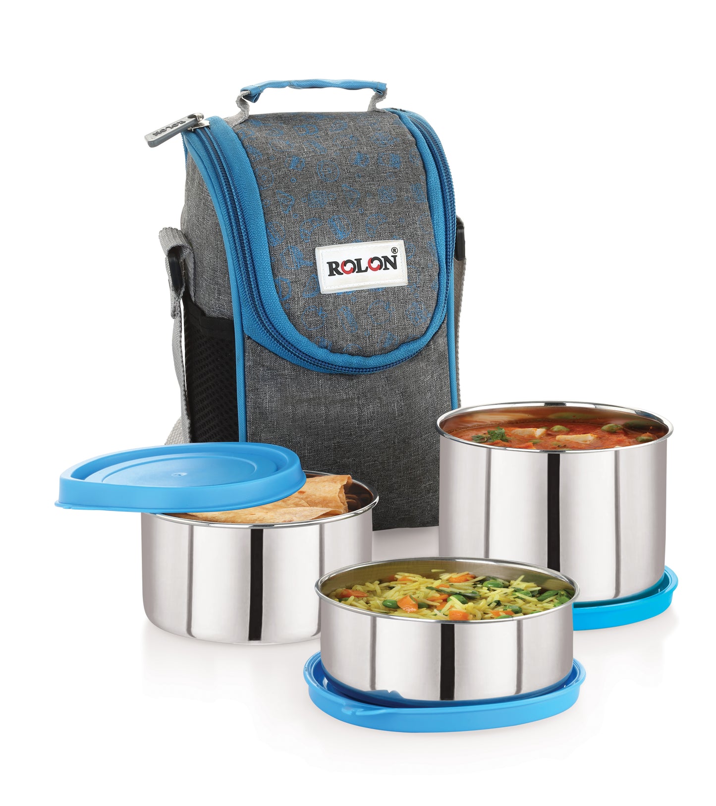 Rolon Lunch Mate 3|Stainless Steel Lunch Box | 1 Soft lunch pouch and 1 Small, 1 Medium & 1 Big size container| Air tight Containers| 3 colors - Green, Orange, Blue